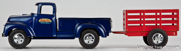 1957 Tonka Toys No. 28 Blue Pickup Truck and Red Trailed Boxed Set