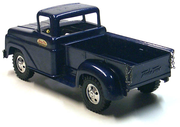 Rear side of a 1958 Tonka Blue Pickup Truck Number 02 with Box