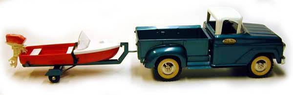 Side view of a 1959 Tonka Deluxe Sportsman with boat and trailer Number 22B